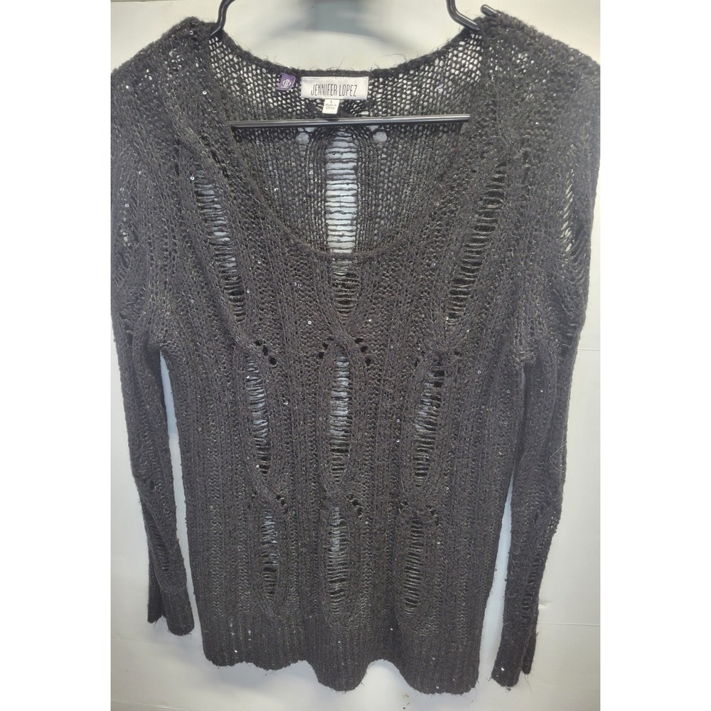 Jennifer Lopez Black Open Knit‎ Sequin Sweater V-Neck Crochet Boho Distressed L